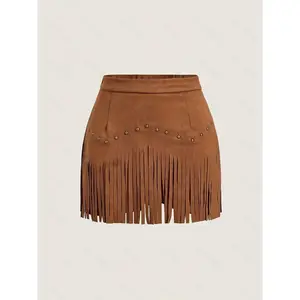 Women's tassel trimmed short skirt, elegant solid color zipper skirt, suitable for daily wear, women's underwear suitable for all seasons