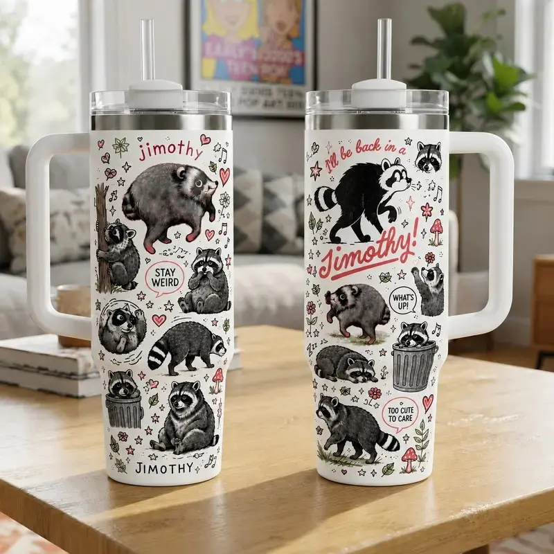 40oz Funny Jimothy Raccoon Insulated Tumbler with Handle and Straw, Double Wall Vacuum Insulated Travel Mug, Trendy Collector Drinkware