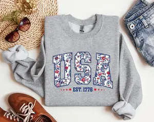 Floral USA Sweatshirt: Patriotic Varsity Crewneck, 4th of July