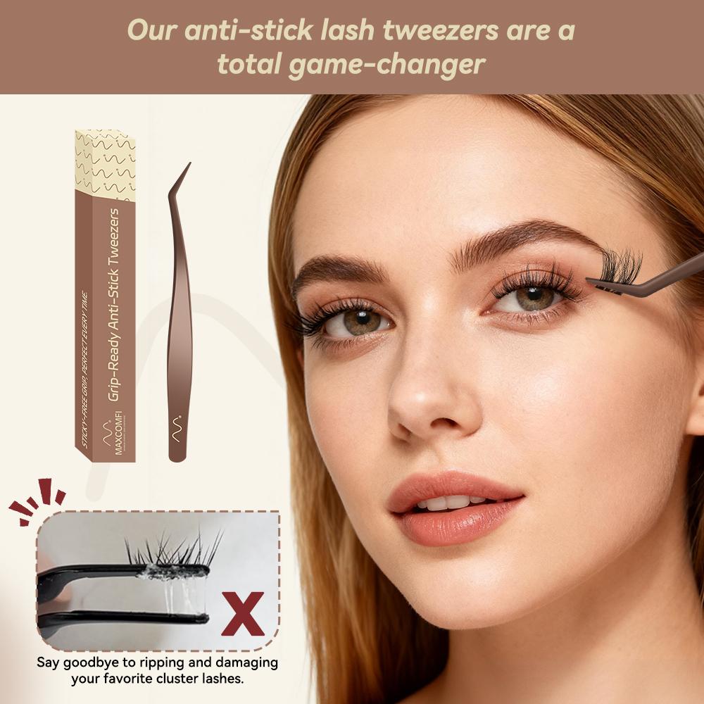 MAXCOMFI Grip-Ready Anti-Stick Tweezers for Lashes Clusters Tip Eyelash Tweezers for False Lashes Straight and Curved Eyelash Tweezers for Professional Artists Girls Women Beginners