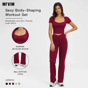 MFVIM Sporty Two-Piece Set Women's Plain Crop Cami Top & Flare Leg Pants Sports Set, Sporty Casual Comfy Breathable Two-Piece Outfits for Yoga Gym Workout Running Gym Workout Clothes