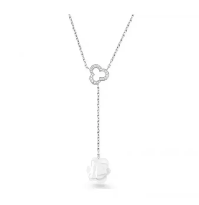 Pre-owned Chanel Extrait de Camélia Necklace Ref. J2934 18K White Gold, White Agate & Diamond JLT007514