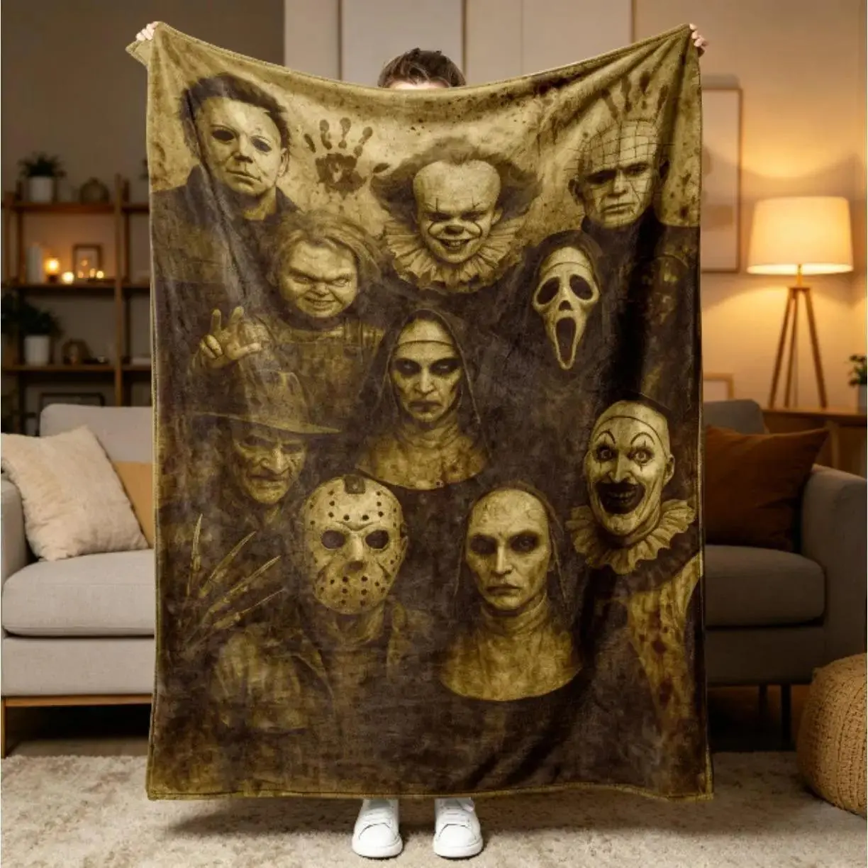 Funny Horror Movie Icons Family Photo Print Flannel Blanket, Ultra Soft Cozy Plush Fleece Decorative Throw Blanket, Multi-scene Cover for Sofa Bed Bedroom Dorm Travel, Ideal Halloween Birthday Christmas Holiday Fan Gift for Horror Lovers Kids & Adults