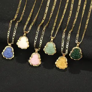 14K gold-plated Buddha pendant necklace, unisex, with a 3mm flat Figaro chain, suitable for everyday wear or as a gift.