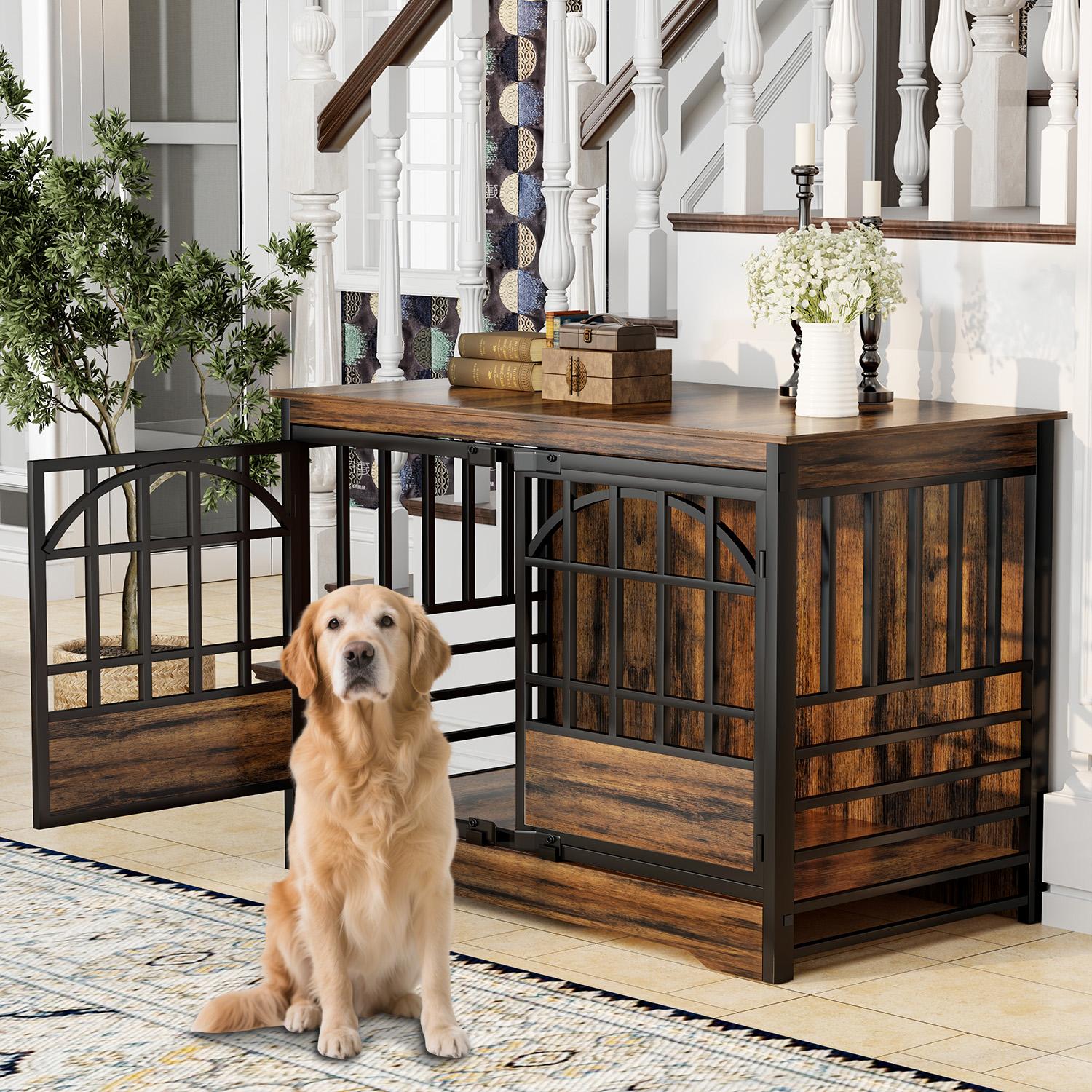 【SpringGlowUp】COZPAW Large Dog Crate Furniture, 48/52/71/78/86Inch Wooden Dog Kennel for XLarge Dogs, Heavy Duty Dogs Furniture Indoor Wire Dog Cage with Caster Wheels, Decorative Pet House End Table, Brown