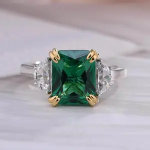 Emerald Green Cushion Cut Three Stone Engagement Ring