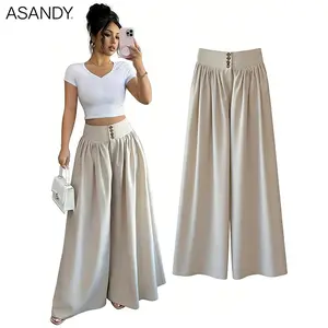 ASANDY Lightweight High-Waist Pleated Wide-Leg Pants, Buttoned Waist Flowy Pants with Pockets for Casual and Boho Outfits, Elegance, Lady
