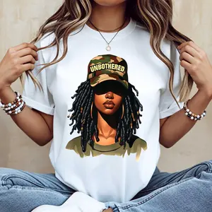 Women Casual T Shirt White Unbothered Girl With Dreads And Camo Hat Graphic Print For Everyday Wear