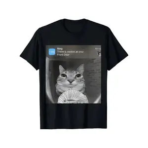 [Cat Pattern T-Shirt] Fun "Front Door Activity" Cat Pattern T-Shirt - Casual Black Tee with Poker Details, Round Neck, Loose Fit, Summer Shirt | Bold Text Top