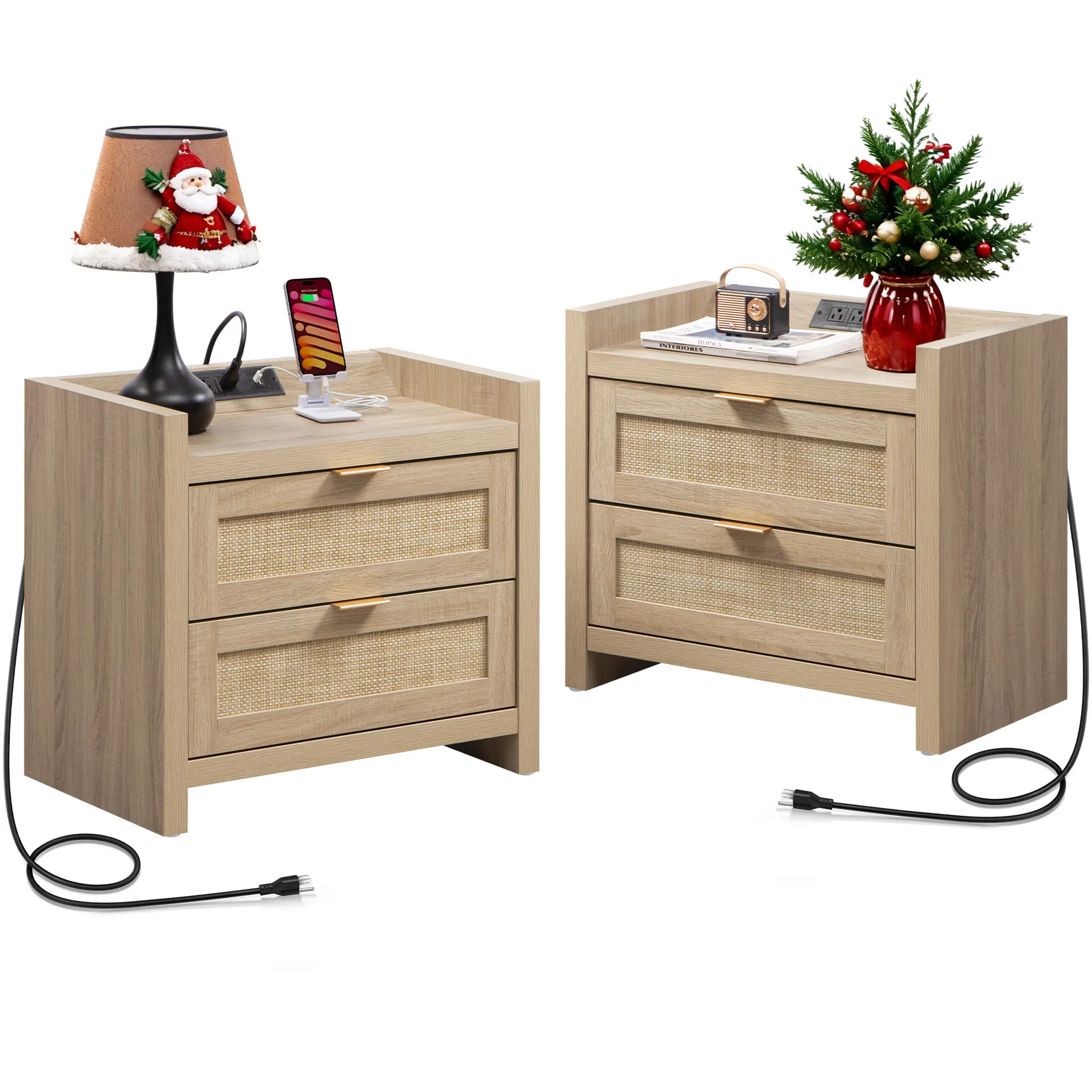 SICOTAS Night Stand Set of 2 - Rattan Nightstands with Type-C Charging Station &  Rattan Drawer - 15.4" x 23.6" x 22.1" Boho Bed Side End Table for Small Apartment Living Room Bedroom, Sturdy and Durable,dorm essentials,home decor