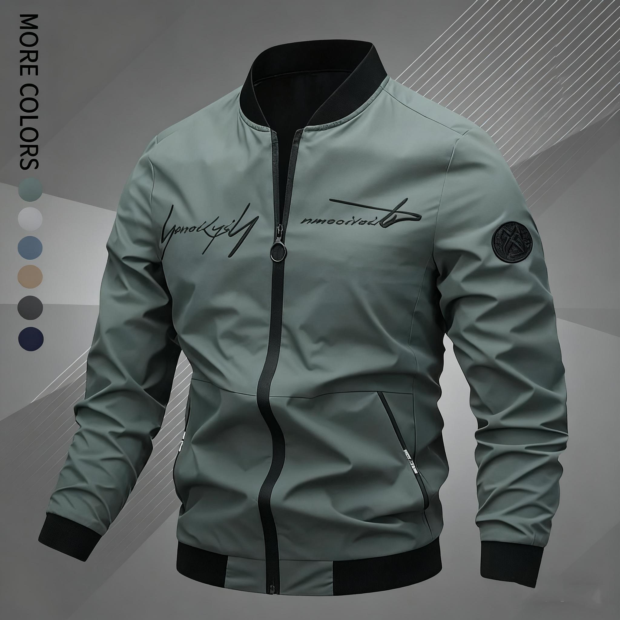 Men's Regular Fit Letter Embroidered Zip Up Pilot Jacket, Autumn Winter Casual Long Sleeve Windproof Baseball Collar Coat, Men's Everyday Wear, Men's Jacket, Black Casual Outdoor Jacket, Suitable for Work, Travel, and Daily Use Machine Washable Polyeste S