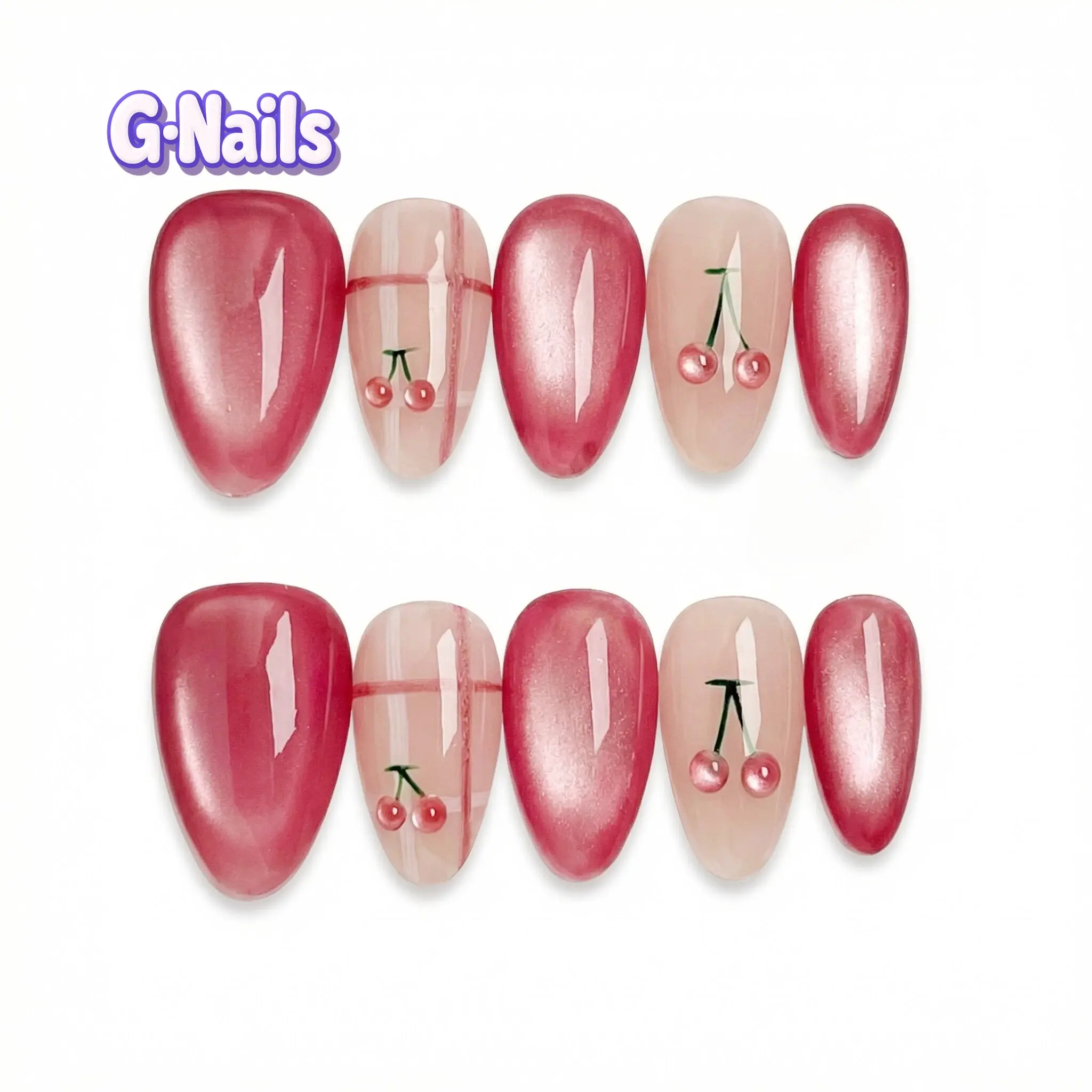 G-Nails A77 Peachy Cherry 10pcs Handmade Press-On Nails with Cat Eye Design for Springnails French Tips Gel Premium Craftsmanship, Press On Nails (With Basic Tool Kit), Diy Nails At Home