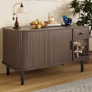 37.4" Cat Litter Box Enclosure with Sliding Door, Hidden Litter Box Enclosure Furniture with Storage Drawer and Charging Station, Modern Indoor Cat House, TV Stand, End Table for Living Room, Brown