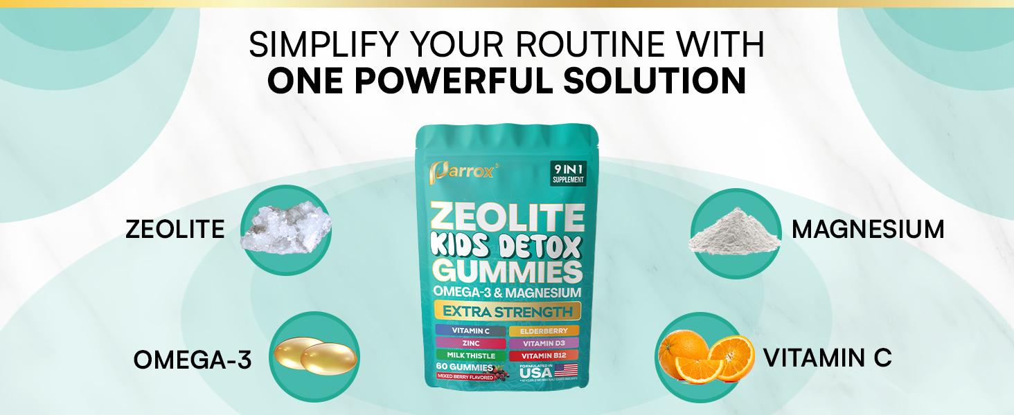 Zeolite Kids Detox Gummies (Mixed Berry Flavor) - Parrox 9 in 1 Kid Supplement for Brain, Immune, Vitamin, and Overall Healthcare - 60 Edible Gummies - Made in USA - (For Ages 3+) Zeolite Kids Detox Gummies (Mixed Berry Flavor) - Parrox 9 in 1 Kid Supplement for Brain, Immune, Vitamin, and Overall Healthcare - 60 Edible Gummies - Made in USA - (For Ages 3+)