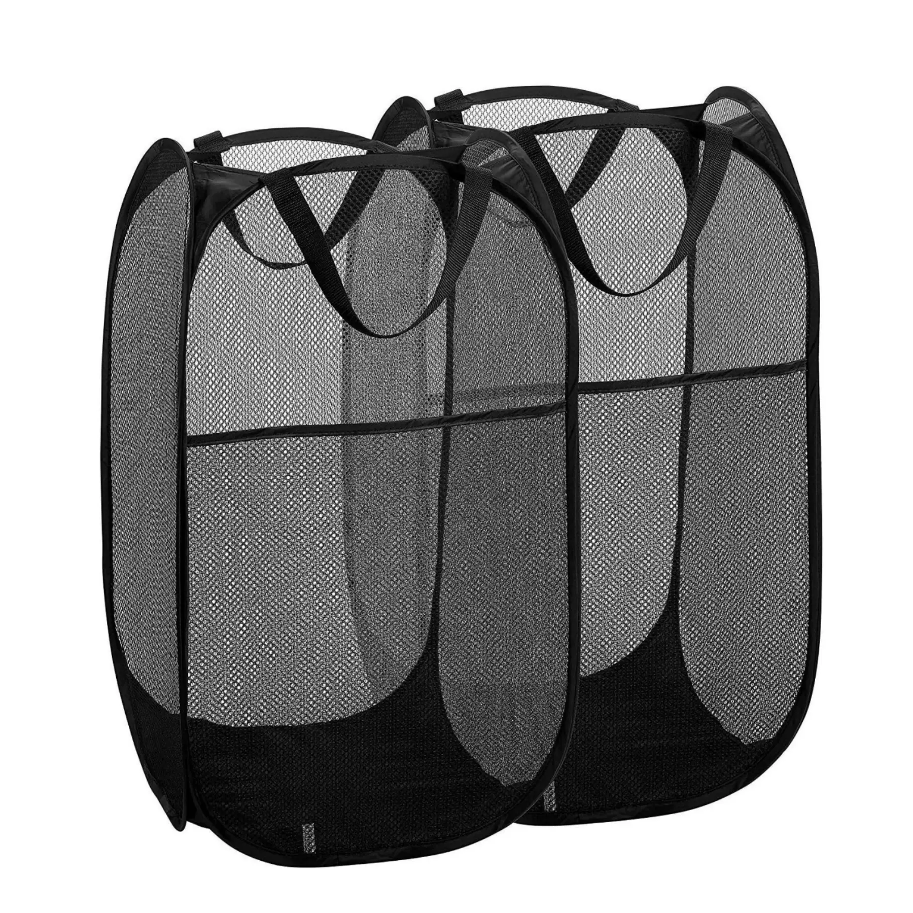 LMMAKE 2PCS Minimalist Collapsible Metal Mesh Pop Up Laundry Basket, Laundry Hamper with Wide Opening, Side Pocket, Breathable Polyester, Sturdy Build, Space-Saving for Bathroom Room Storage (Black)