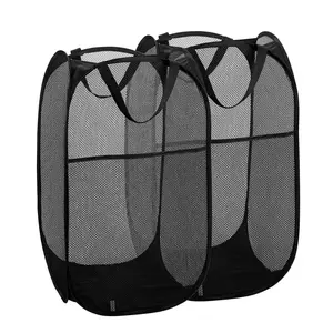 LMMAKE Collapsible Mesh Pop Up Hamper With Wide Opening And Side Pocket - Breathable, Sturdy, Foldable, And Space-Saving Design For Clothes And Storage. (Black)