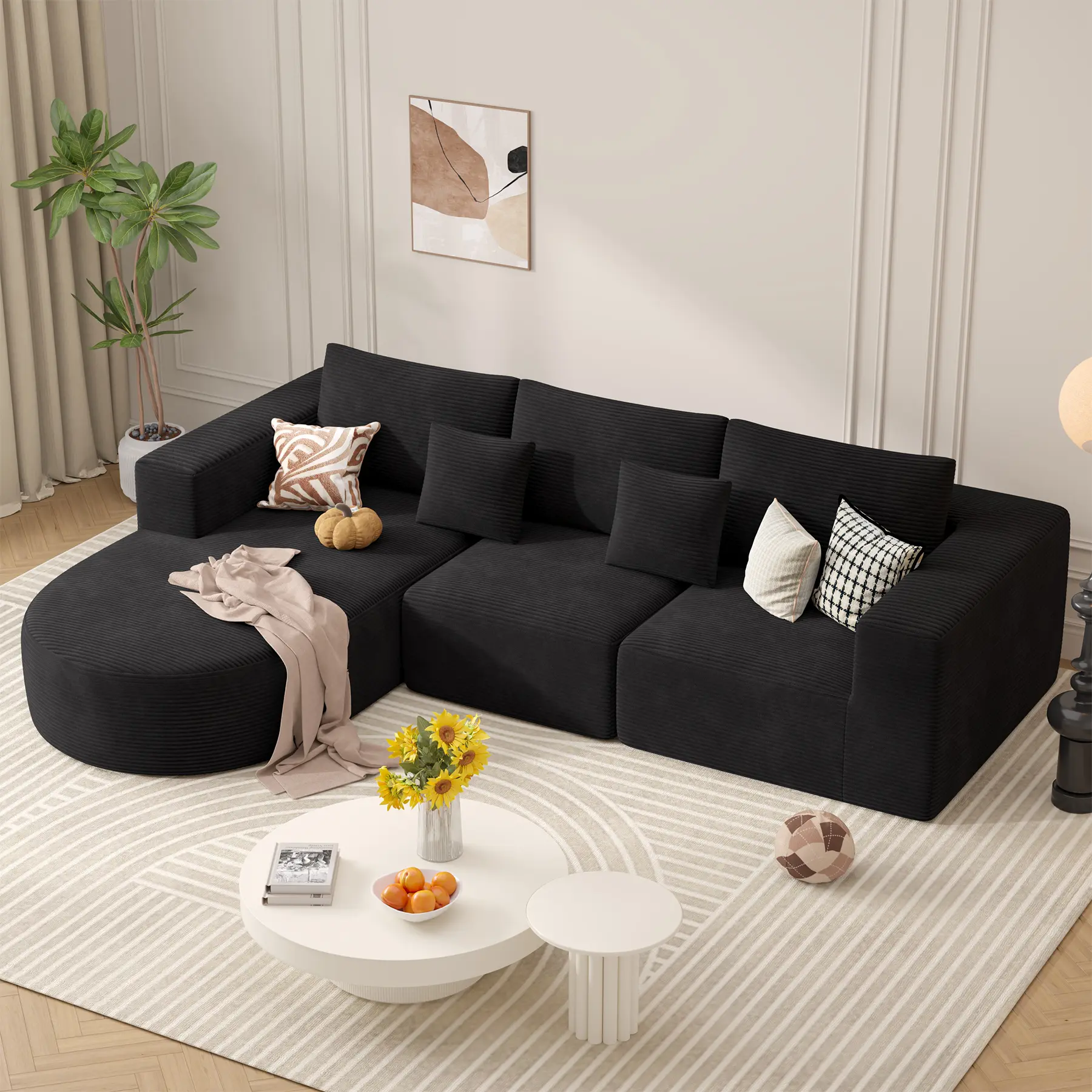 【2 Packages shipping】Modular Sectional Sofa with L-Shape Chaise,Cloud Sectional Modern Sleeper Couch with Deep Seat,Sponge Compression Sofas No Assembly Required (Beige-Corduroy Fabric)