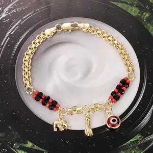 Luxurious Elephant Bracelet 14K Gold-Plated Copper Vintage Charm Evil Eye Red Black Beaded Adjustable Lobster Claw Clasp Ideal for Daily Wear Gift Giving Halloween Skin-Friendly Design Minimalist Luxury