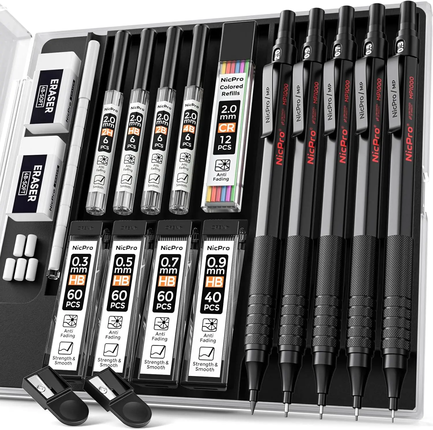 Nicpro Mechanical Pencils Set - 5-Pack Compact Full-Metal Body Assorted Colorful Pencils with 0.3/0.5/0.7/0.9/2mm Lead Holders, 4B/2B/HB/2H Lead, 9 Refills, Eraser, Case - Office Stationery Supplies, Colorful Set Pencils,back to school,back to school haul