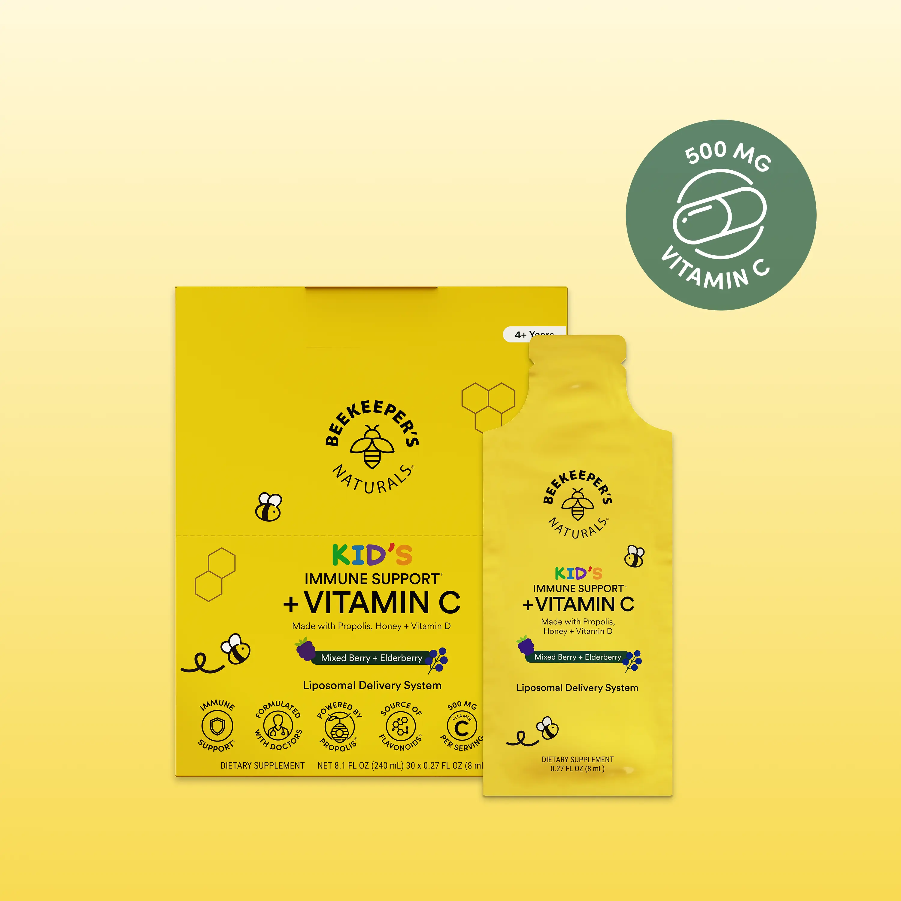 Beekeeper's Naturals Kid's Immune Support Supplement with Vitamin C, Propolis, Elderberry, Liposomal Absorption - US-Formulated