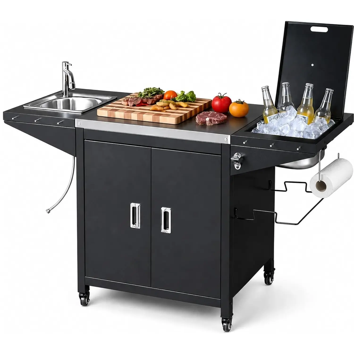 KARLHOME 304 Stainless Steel Outdoor Rolling Prep Kitchen Island Grill Cart for Outdoor Cooking - With Sink, Chilly Bin Cooler, Bottle Opener, Rubbish Rack, Cabinet, For Patio Use
