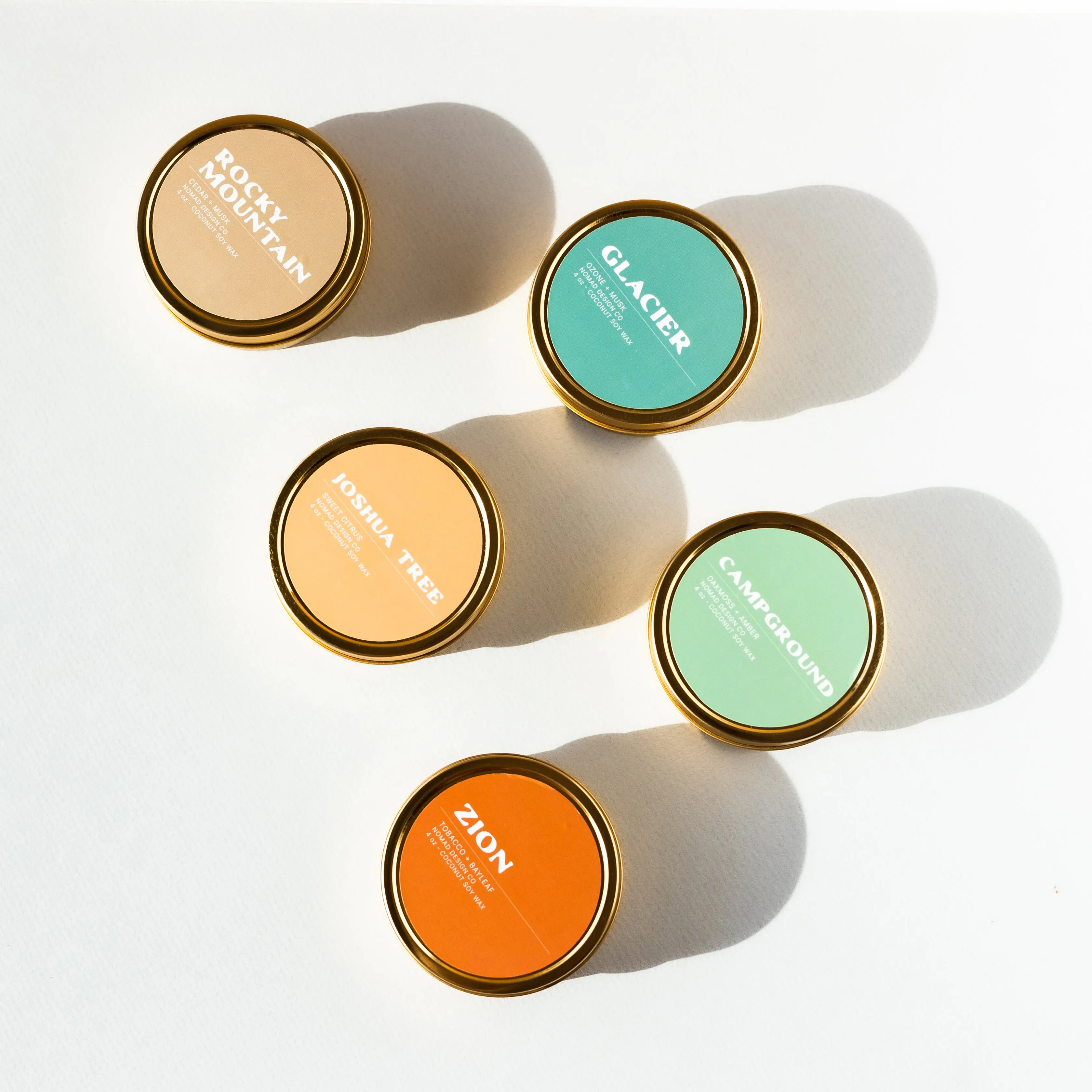 National Park Travel Tin Candle Pack | 5 Mini 4oz Coconut Soy Candles | Rocky Mountain, Glacier, Zion, Joshua Tree, Campground