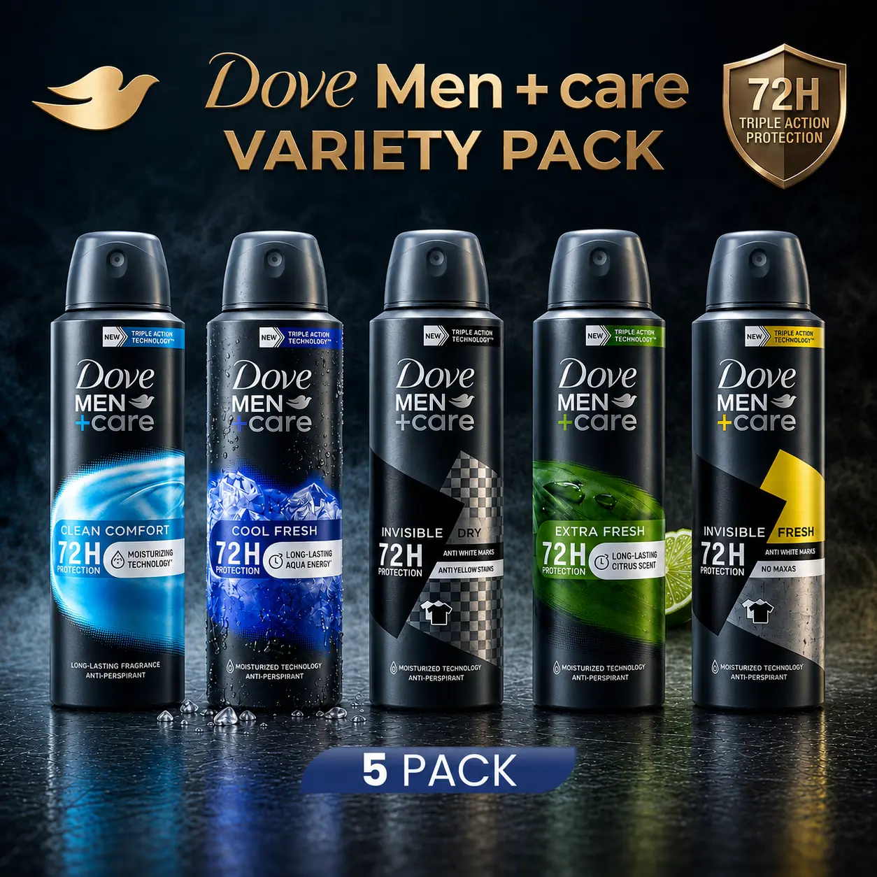 Dove Men+Care Antiperspirant Deodorant Spray Variety Bundle, 5-Pack (150ml/5oz) - 72H Triple Action Protection, Long-Lasting Sweat Defense, Fresh Scent Deodorants (Clean Comfort, Extra Cool Fresh & More Mixed Scents)