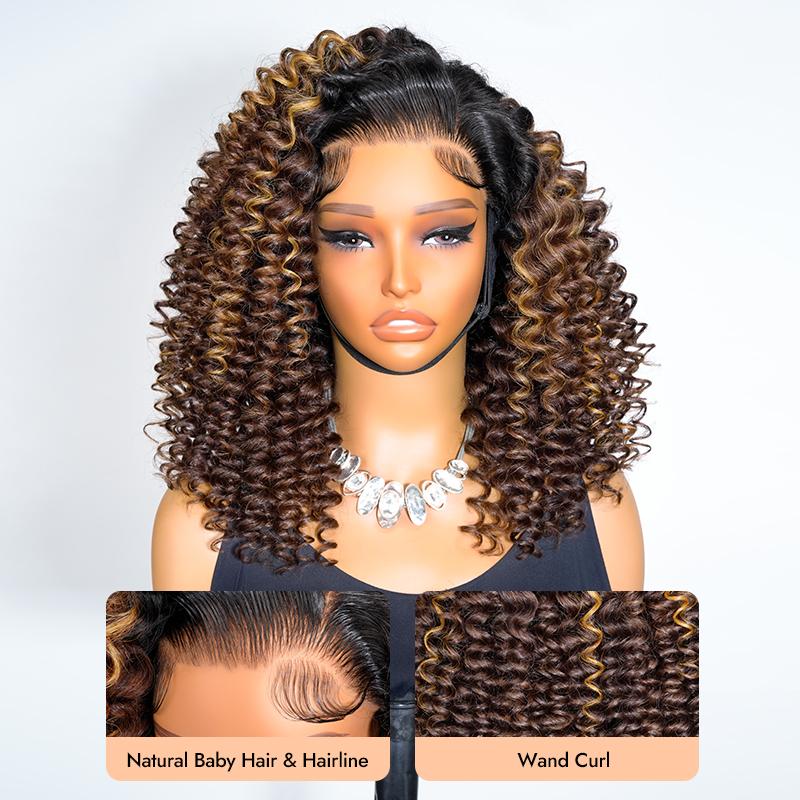 [Flash Sale] Wiggins Hair Ready To Go Glueless Wig Wand Curl Ombre Brown With Highlights 7x5 Lace Closure Wigs Human Hair Pre Cut Lace Beginner Friendly
