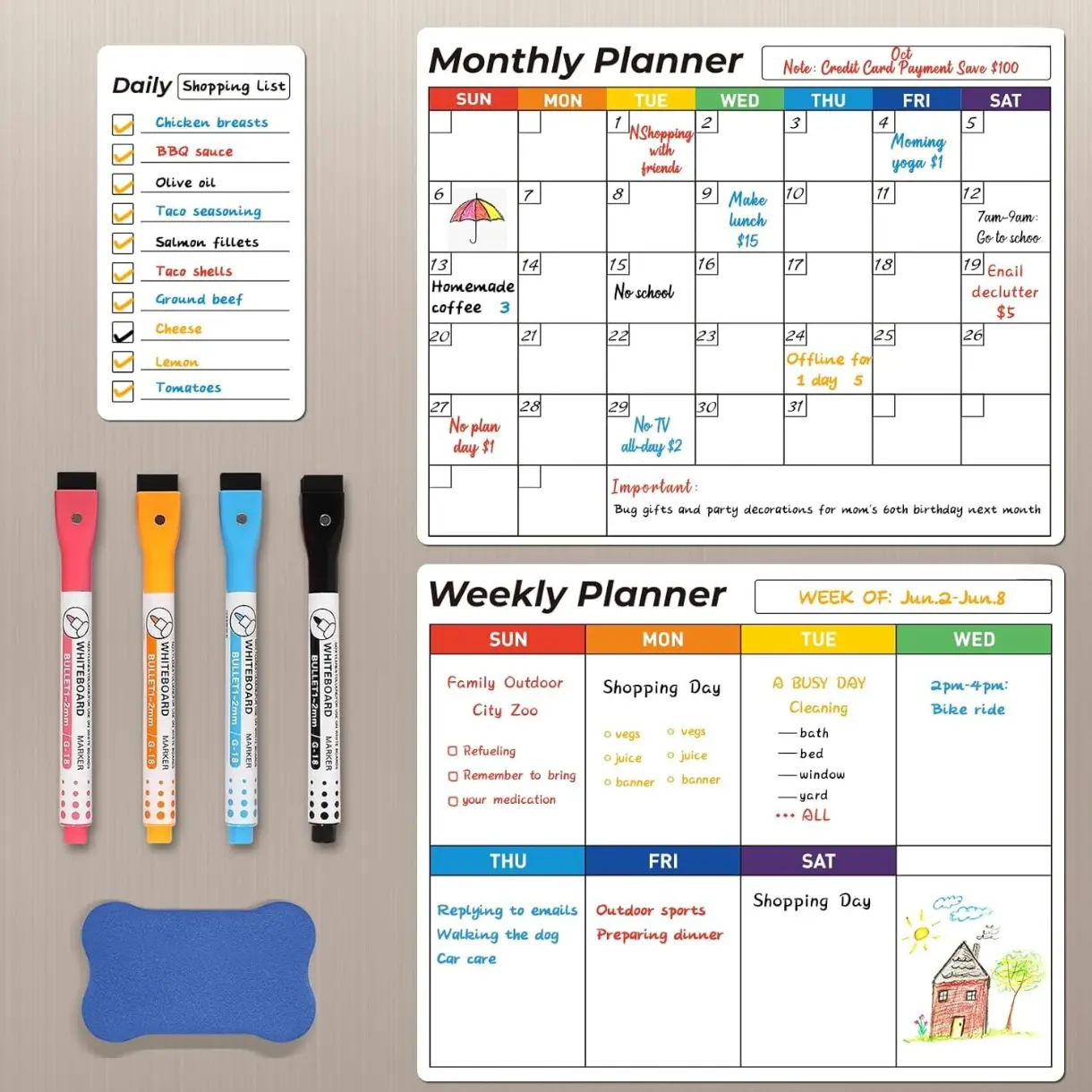 Magnetic Dry Erase Calendar for Refrigerator, 3 Pack Monthly, Weekly, Daily Magnet Fridge Whiteboard Calendar Planner for Shopping, Menu, to Do List, 4 Markers and Eraser, 14 x 11 Inches