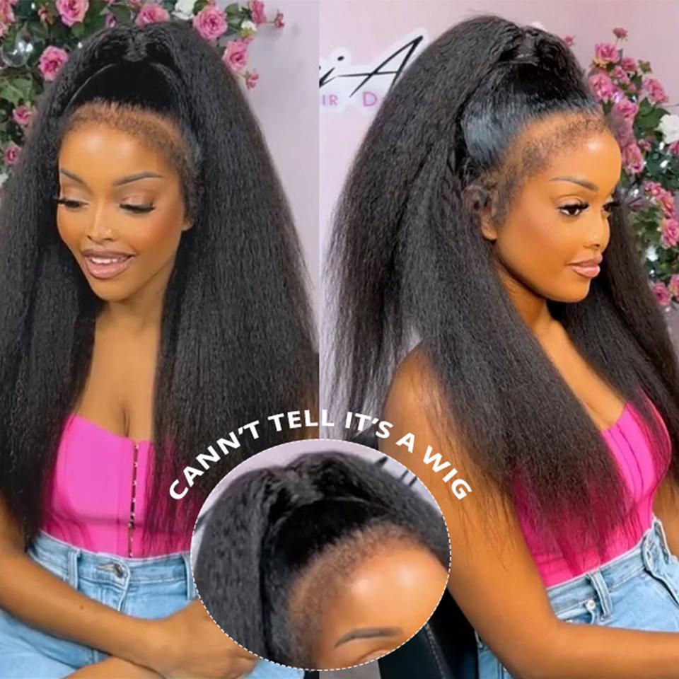 Kinky Straight Invisible-String Snug Fit 360 Full Lace Pre Plucked & Bleached HD Lace Glueless Wigs