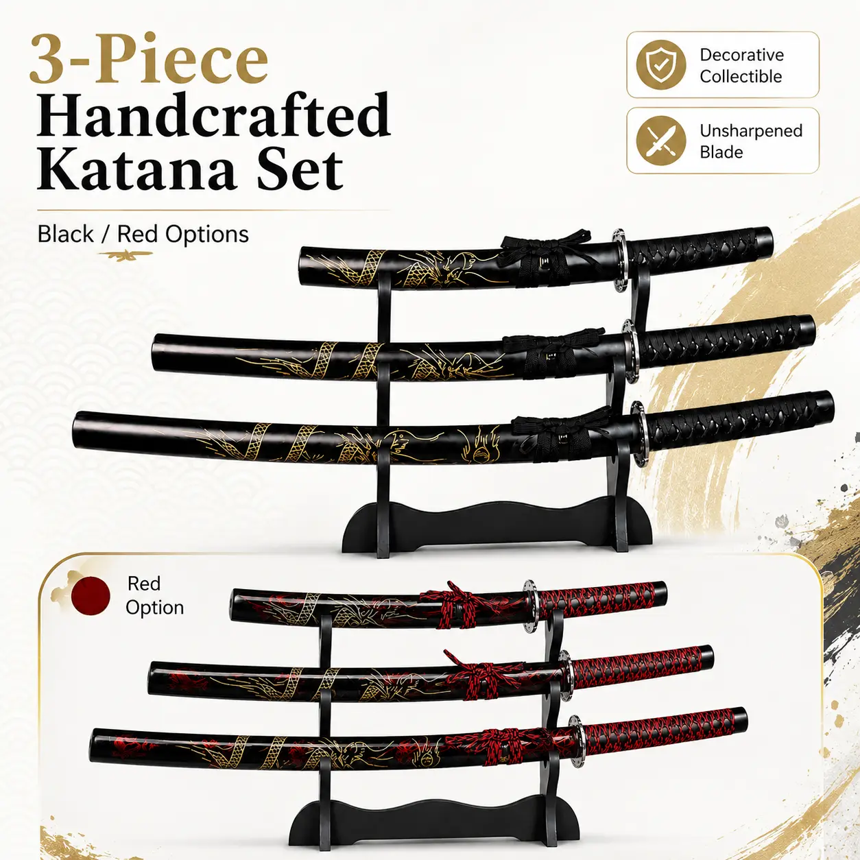Handcrafted 3-Piece Blunt-Edge Japanese Samurai Sword Set - Unique Design, Traditional Craftsmanship, Adult Collectible, Halloween Costume Accessory, Christmas Gift