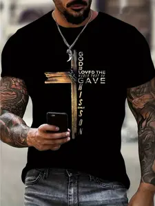 Men'S Plus Size Christian Faith T-Shirt - Breathable Crew Neck Short Sleeve Christ Cross & "God Loves the Grave Site" John 19:37 Bible Verse Print, Lightweight All-Season Casual Religious Apparel, Machine Washable Graphic Tee for Ch