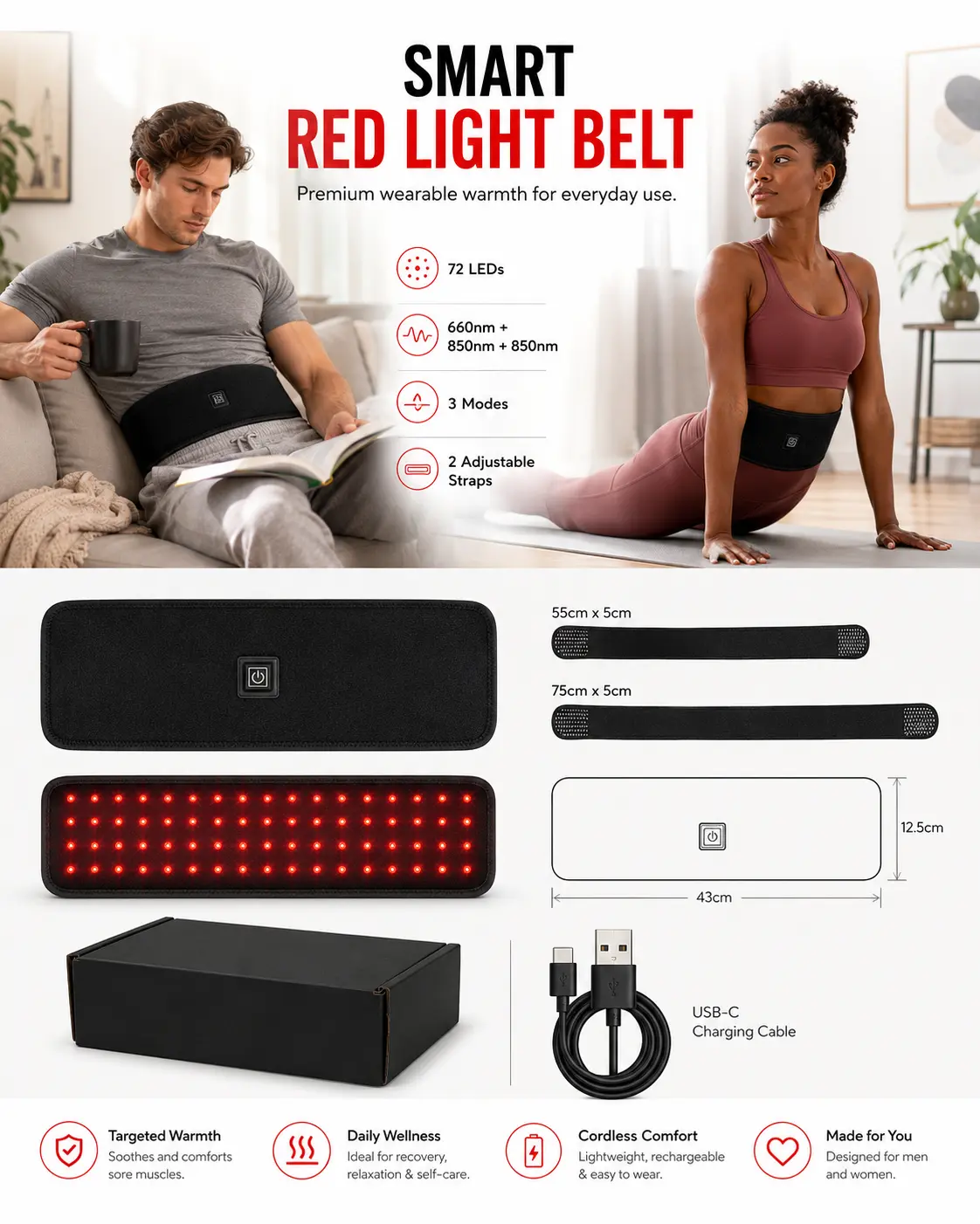 Red Light Therapy Massage Belt, 3 Comfort Modes, 72 Tri-Chip LEDs, Adjustable Strap, 30-Min Auto Off Feature