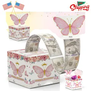 Birthday Money Box for Cash with Pull Out Card and 30 Transparent Bags for Parents, Lovers, Friends (Butterfly)