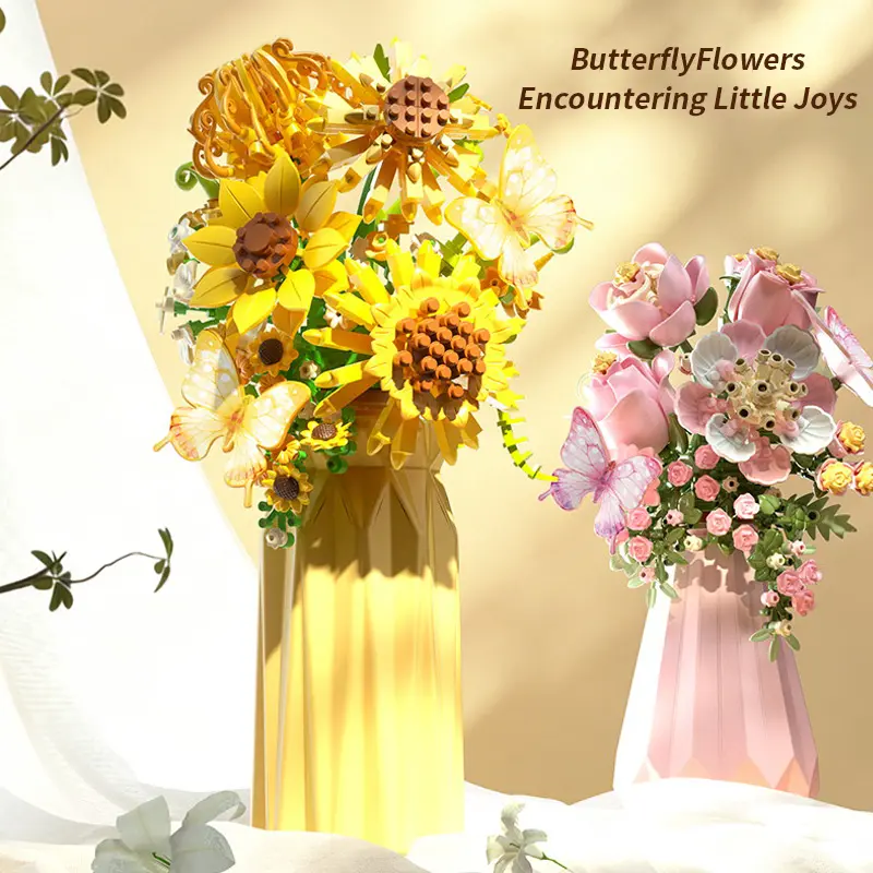 Micro Brick Miniature Flower Vase Building Set - Tiny Rose with Vase & Sunflower Kit, Unique Father's Day Gift, Stress Relief Desk Toy Decor, Adult Creative Art Kit for Room Ornaments & Plants Decorative Fruit