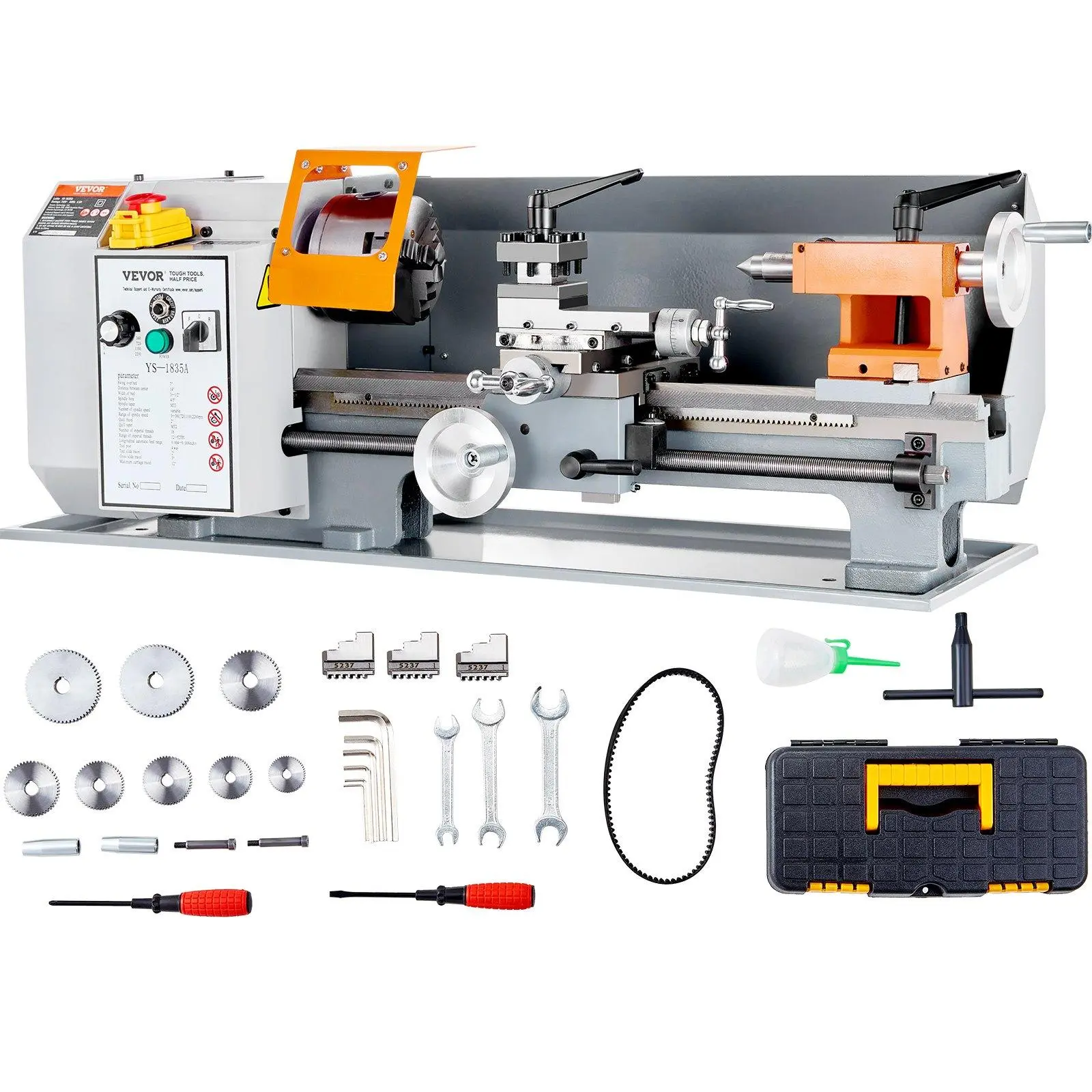 VEVOR Benchtop Metal Lathe, 7" Size, 7" x 13.78" Dimensions, 0-2200 RPM Variable Speed, 500W Brush Motor, Durable Metal Gears for Precision Work, Includes Tool Box Set