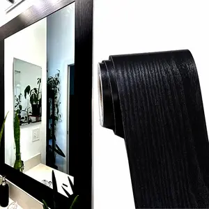 32FT Black Border Peel &Stick Black Wood Grain Wallpaper Border Removable Waterproof Bathroom Mirror Frame Sticker (Black, 3.93Inch X 32.8Ft)