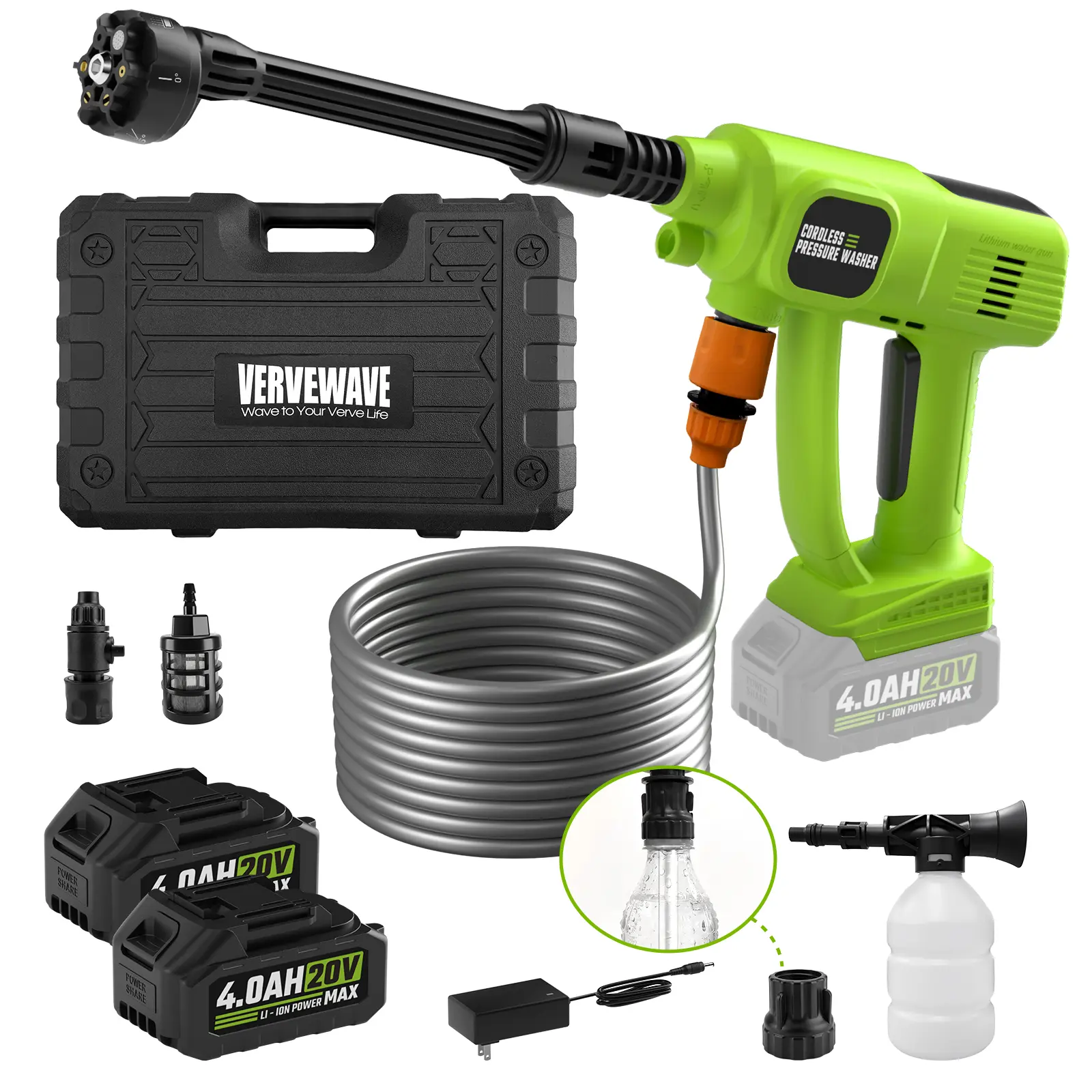 VERVEWAVE Cordless Pressure Washer, Portable Power Washer with Bottle Water Compatibility, Battery-Powered Cleaner for Car Driveway Deck Outdoor Yard Cleaning