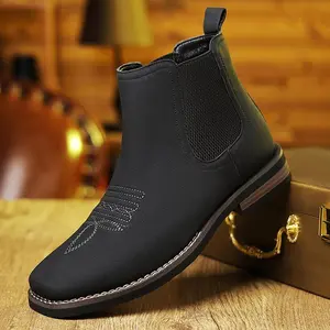 Spring/Autumn New Men’s Retro Chelsea Short Boots with Hand Embroidery, Square Toe, Waterproof, Lightweight and Stylish, Suitable for Versatile Outfits