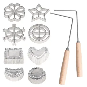 Foorey Home Rosette Maker with 8 Heads Bunuelos Mold with 2 Handle Waffle Cooking Stamp Cookie Press Mold for Kitchen Baking Funnel Cake Mould Star Flower Circle Heart Hexagon Square 10 Pieces