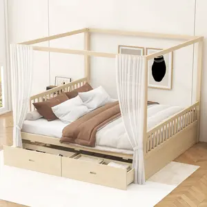 King Size Canopy Bed with Storage Drawers, Sturdy Wood Platform Bed Frame with Slats for Master Bedroom, Wood Bedframe in Natural