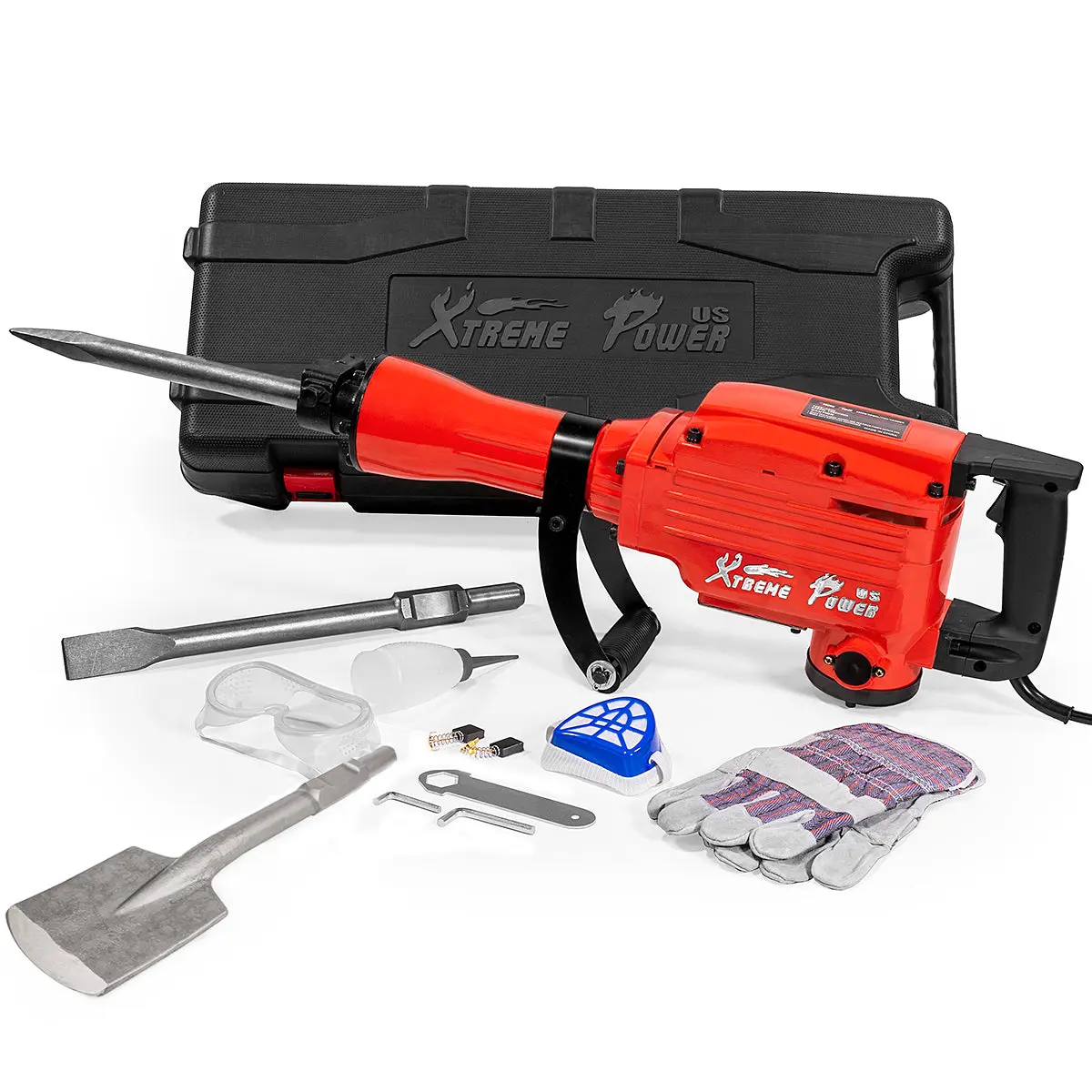 XtremepowerUS 2200W Heavy-Duty Electric Demolition Jack Hammer Tool Kit - Masonry Use, Heavy-Duty Drilling Power, Includes Chisel, Shovel, Concrete Drill Attachments, Drill Bit