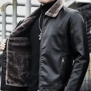 Men's thickened warm windproof wool lining casual PU jacket medium size autumn and winter cycling suit men's outdoor suit suit men's winter jacket fashionable top jacket warm jacket suit