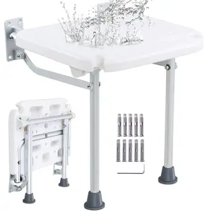 VEVOR Folding PE Shower Seat, 15.7'' x 14.8'' Unfolded, Wall Mounted Fold Up Shower Bench with 500 lbs Load Capacity, Space Saving Fold Down Shower Chair for Seniors Pregnant Women Children Adults