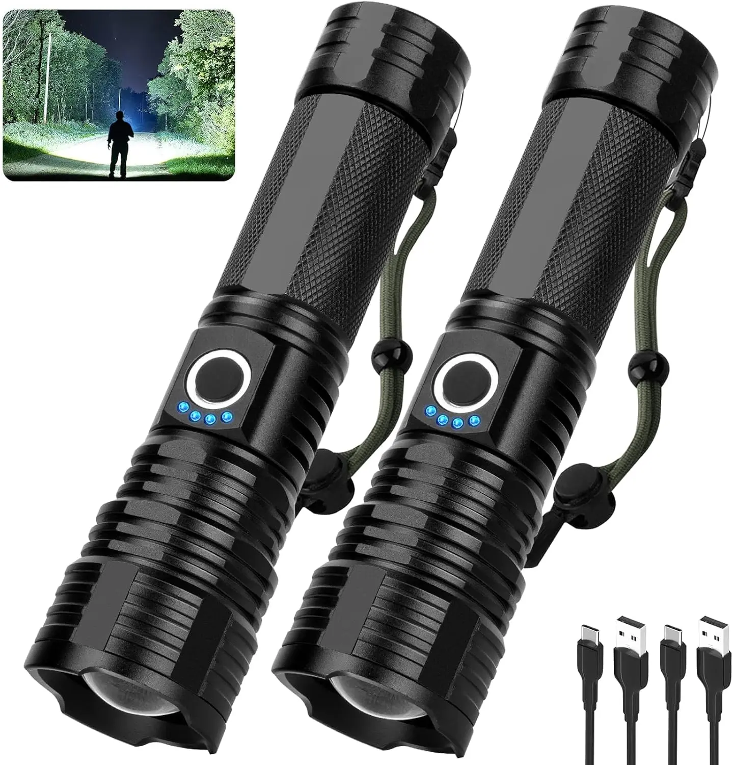 Rechargeable Flashlights 2 Pack, High Lumen Compact Handheld LED Light with 5 Modes & Power Display, Waterproof with Fast Charging for Camping, Adults, Father's Day Gifts, Fastcharging, 12H On Low Mode, 3280Ft Distance, 99000 Lumens, Hiking