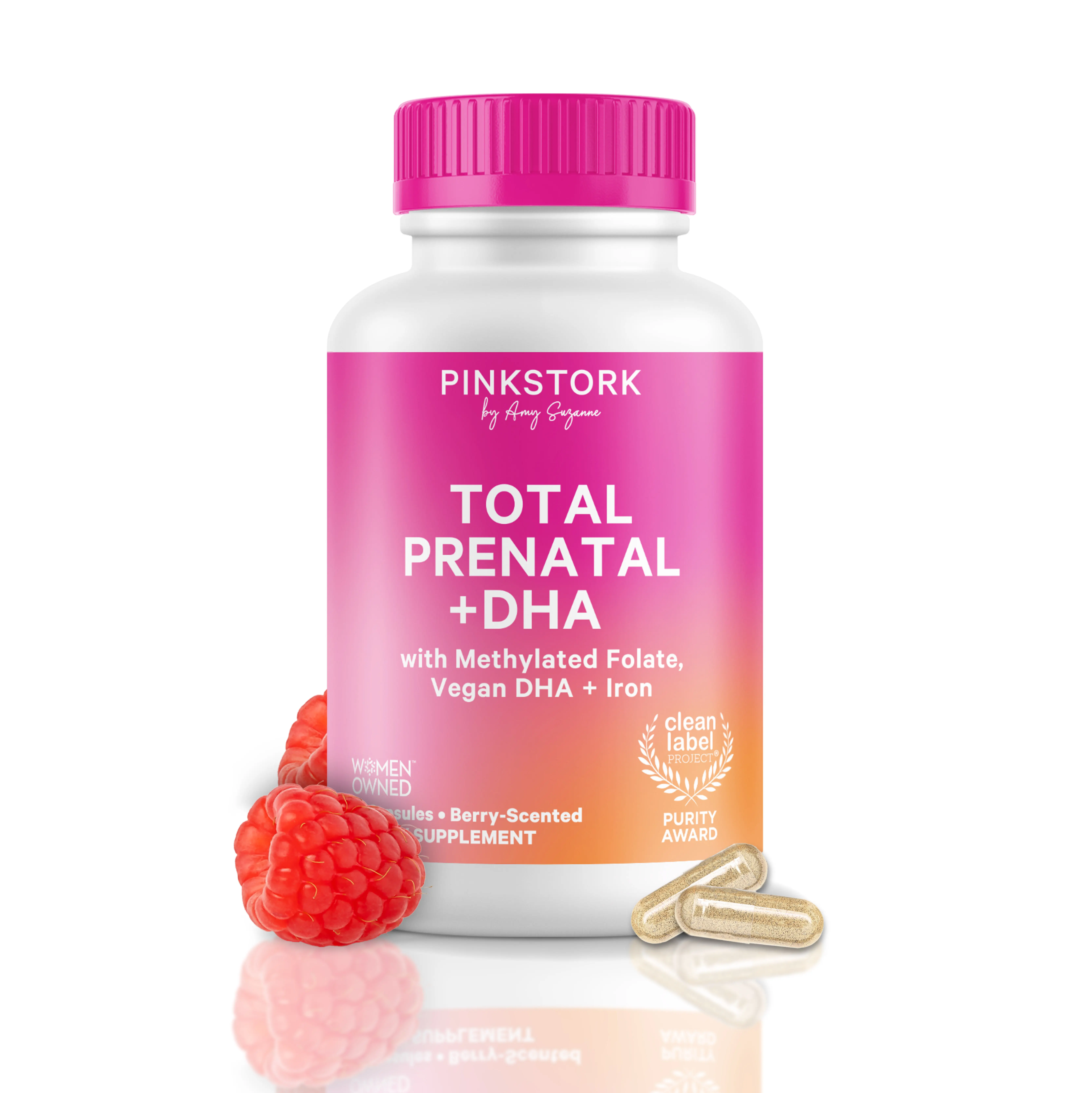 Pink Stork Prenatal Vitamins | Clean Label Award | DHA, Iron, Methylated Folate, B6, B12, Choline, Vitamin D | Berry or Mint Scented | Pregnancy Support Essentials | Vegan, Gluten-Free, Non-GMO | 60 Capsules, 1 Month Supply