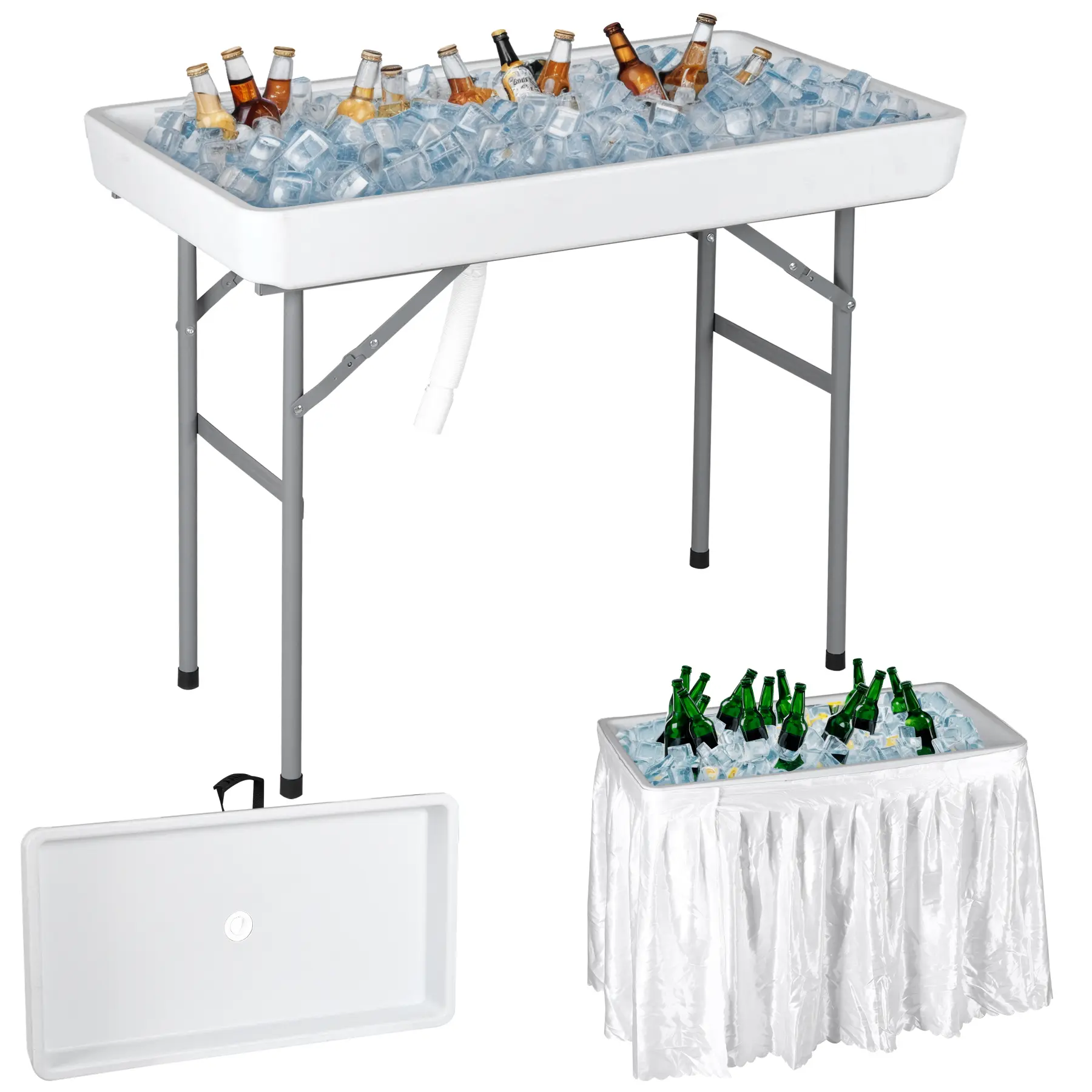 Segawe Foldable Party Ice Cooler Table - Metal Frame, 5L Bucket, Drain, Skirt, Portable Folding Table for Food & Beverage, Outdoor Camping, White,summerwins