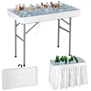 Segawe Party Ice Cooler Table Foldable Fill and Chill Table with Drain & 5L Bucket & Skirt, Metal Frame for Food Beverage Outdoor Camping, White