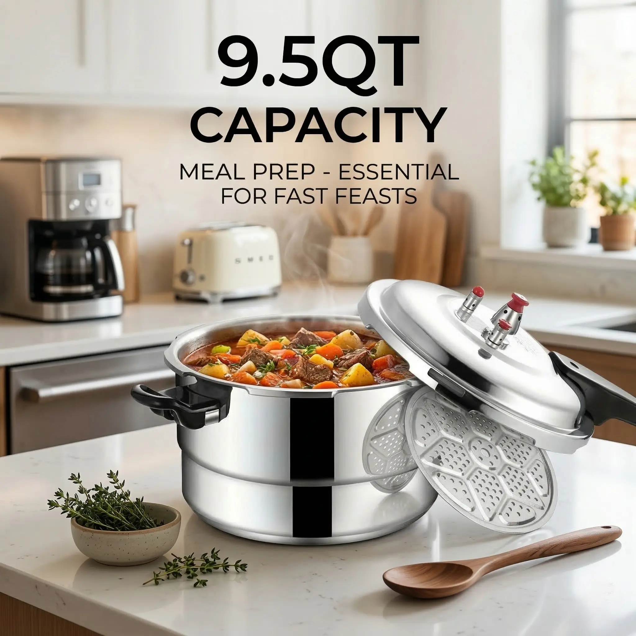 9.5Qt Aluminum Stovetop Pressure Cooker - Lightweight Kitchenware Pressure Pot with Airtight Seal, Smooth Surface, 2000+ ml Capacity for Fast Family Cooking, Camping Use