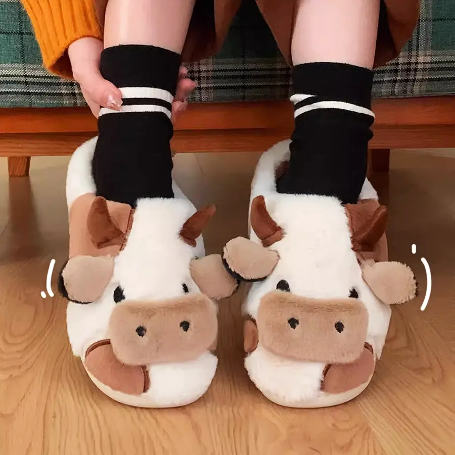 Women's Cute Cow Low Ankle Slide Slippers - Fluffy Plush Cotton, Non-Slip Rubber Grip, Cushioned, Warm, Indoor/Outdoor Winter Footwear for Kitchen, Slippers For Women, Christmas, Animal Print, Dining Room